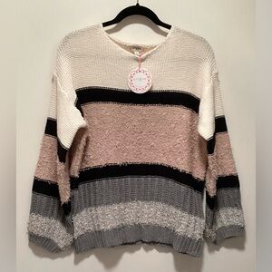 Umgee Women's Striped Sweater - Black, Pink, Gray, White